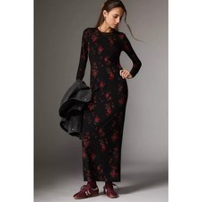 Reformation Robbie Knit Maxi Dress Black Red Floral Rose Long Sleeve Small NEW