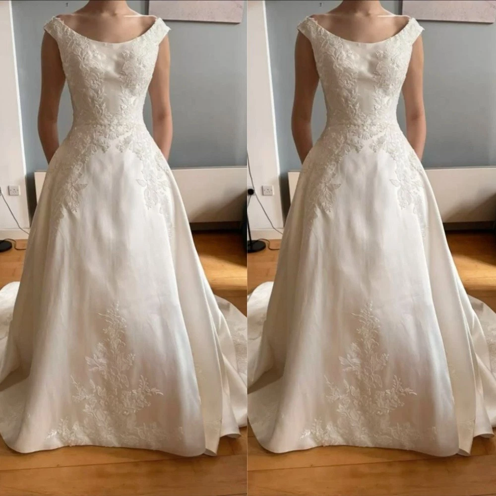 a line wedding dress ebay Satin Bateau Neckline A-Line Wedding Dress With Lace Appliques WD192 US18 / Ivory