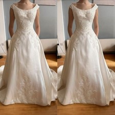 Elegant Wedding Dresses Boat Neck Satin Lace Appliques A Line Bridal Gowns