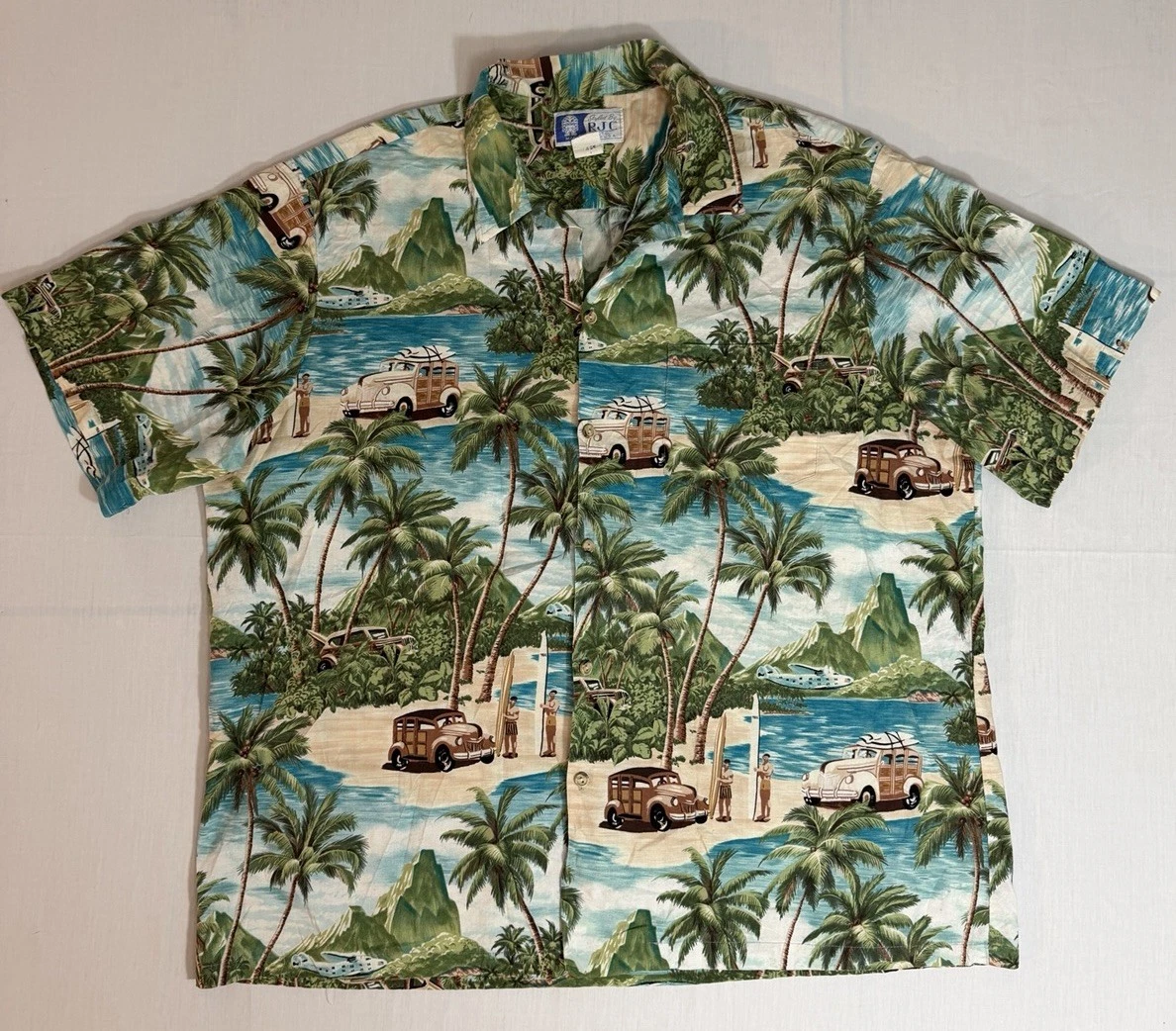 RJC Hawaii Aloha Shirt 2XL Mens Woody Wagon Surfing Scenic Made in USA Cotton