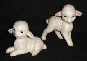 Pair Vintage Lefton Lambs ~ 2 Baby Sheep ~ 1 Laying 1 Standing ~ Original Label