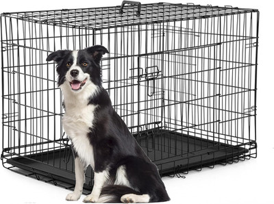 Dog Crate for Large Dogs 42 Inch Folding Metal Wire Pet Cage Double Door W/Divid