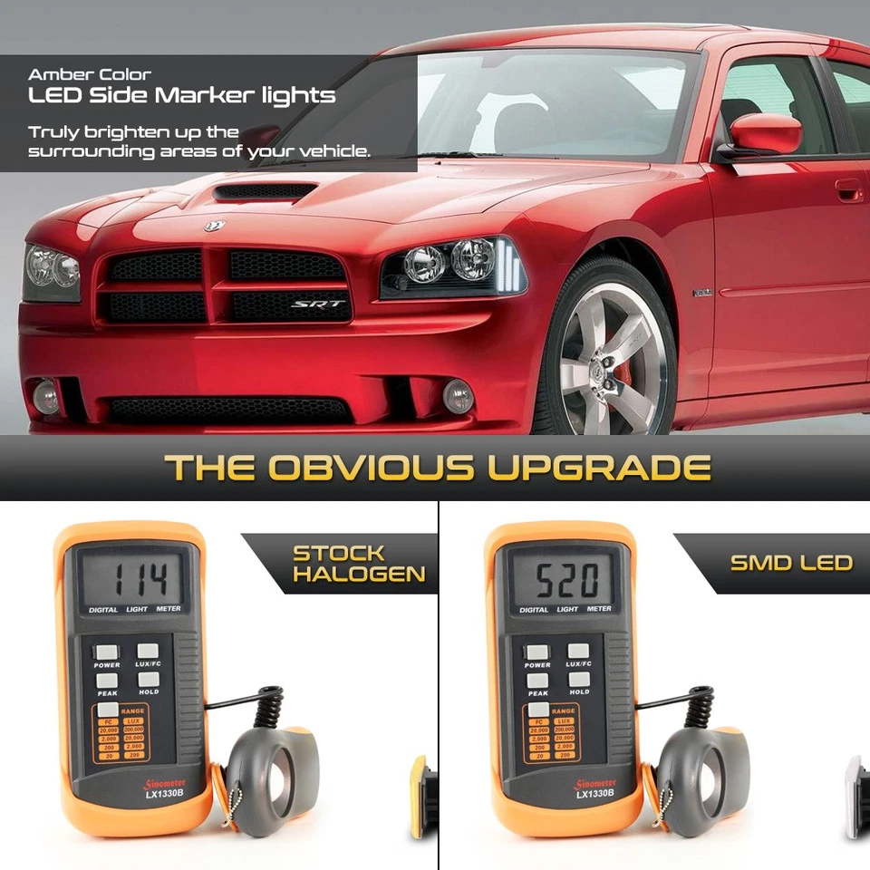 Full LED Front Chrome Turn Signal Side Marker Lights For 2006-2010 Dodge Charger - Изображение 3 из 4