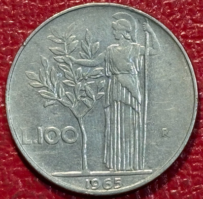 HIGH GRADE 1965 R ITALY  100 LIRE COIN-GODDESS MINERVA-OCT380