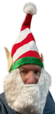 Funny STRIPED TALL ELF HAT WHITE BEARD Adult Red Santa Big Ears Christmas Gnome
