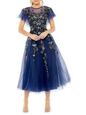Mac Duggal Midnight Blue Embellished Flutter Sleeve Midi Cocktail Dress 4 $798