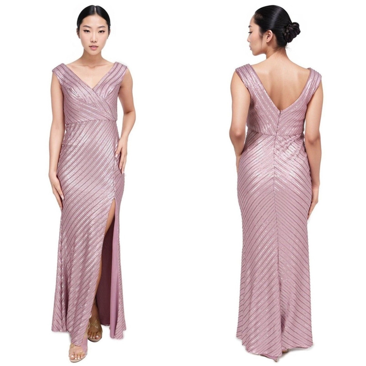Rene Ruiz Collection V-NECK SEQUIN GOWN Pink Sleeveless Slit Sz 10