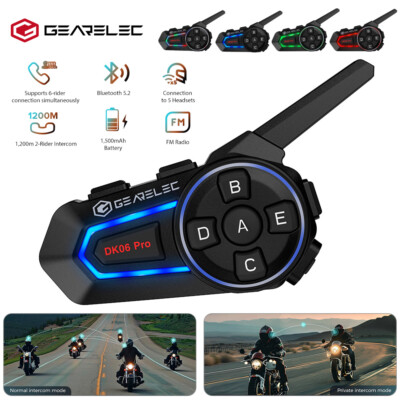 Motorcycle Helmet Intercom Bluetooth 5.2 w/ FM Radio 1200M 6 Riders Interphone