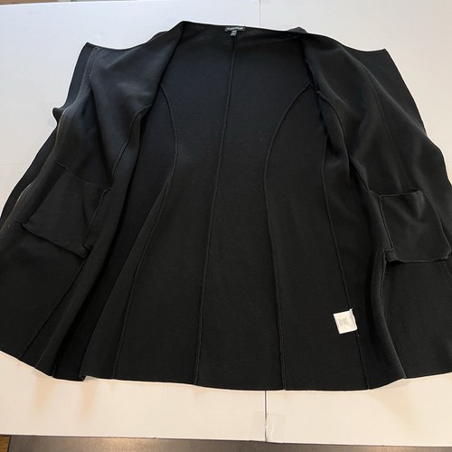 Eileen Fisher Black Silk Leather Trim Cardigan Sweater Long Zip Jacket SMALL - Picture 4 of 10