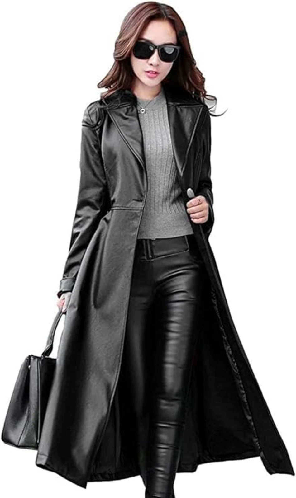 Women's Trench Coat Leather Lambskin Long Overcoat Jacket Real Genuine For Women