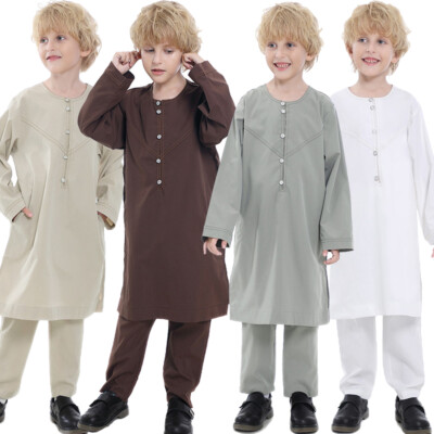Kids Boys Saudi Arab Dubai Clothing Long Sleeve Tops Pants Muslim Islamic Kaftan