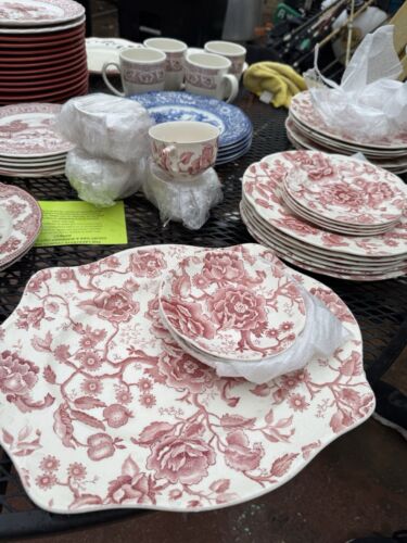 19pc CHIPPENDALE Pink/Red Johnson Brothers England Platter, Serving Bowl,& More