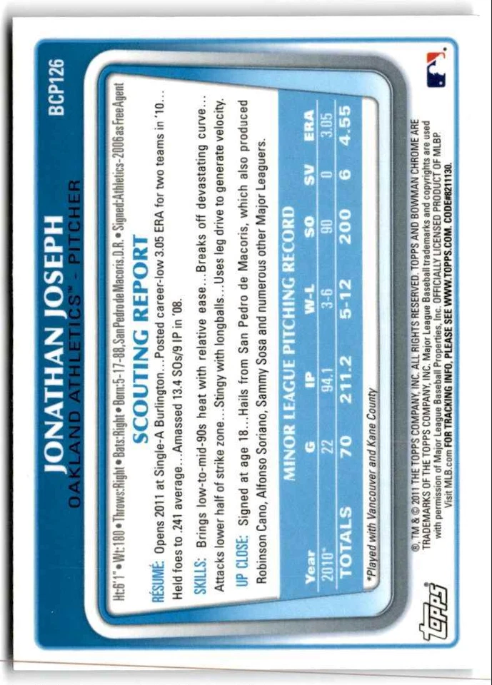 2011 Bowman Chrome Prospects Jonathan Joseph 1 Oakland Athletics #BCP126 - Image 2 of 2