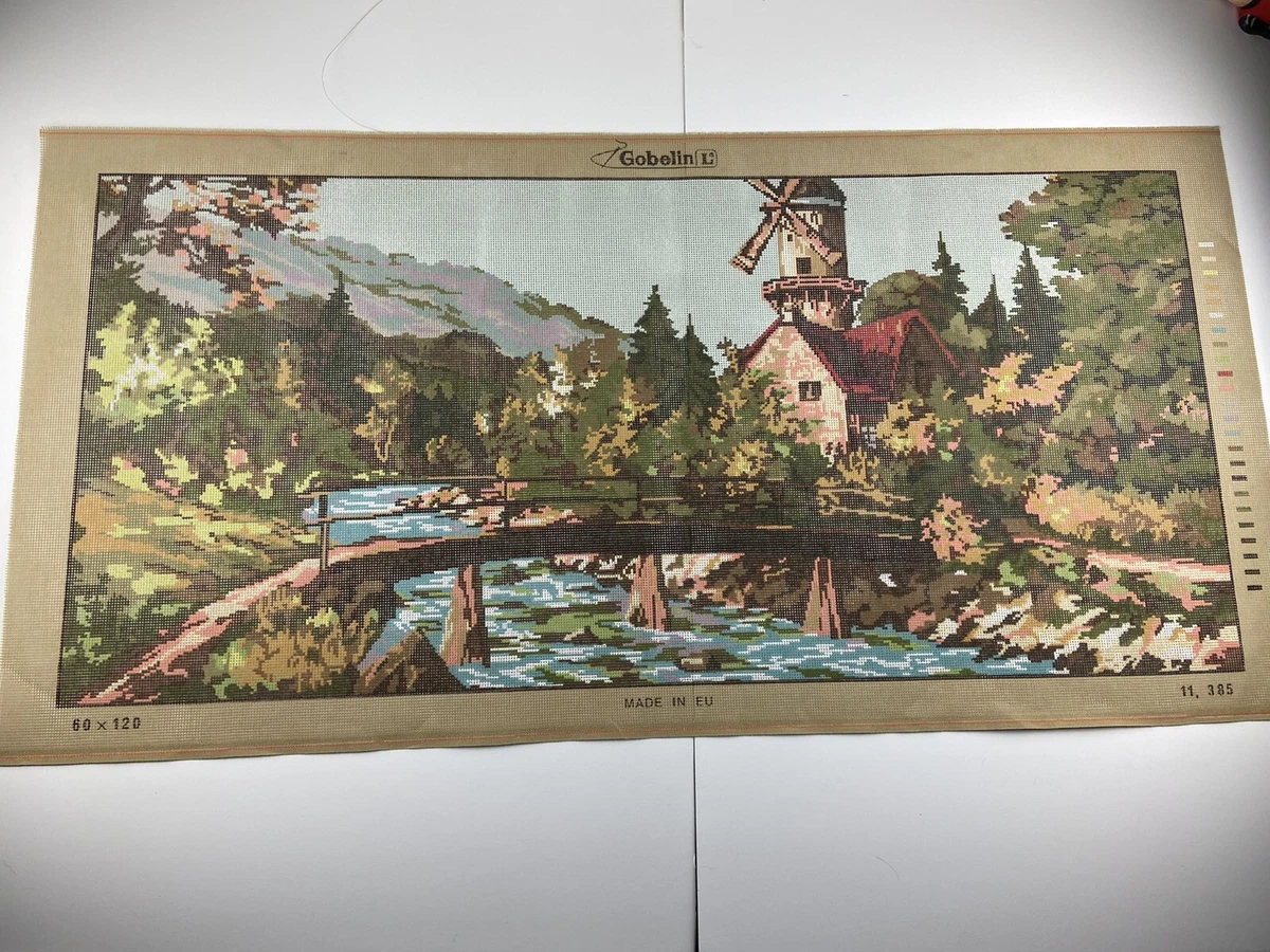 Gobelin Needlepoint Tapestry Canvas Windmill River 43in X 20in Rome 10 Count