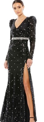 え Mac Duggal Gown Dress Size 8 Black Sequin Rhinestone Formal High
