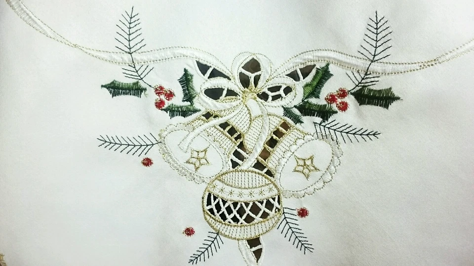 54x72" Embroidery Cutwork Christmas Embroidered Tablecloth Napkins Elegantlinen - Image 2 of 4