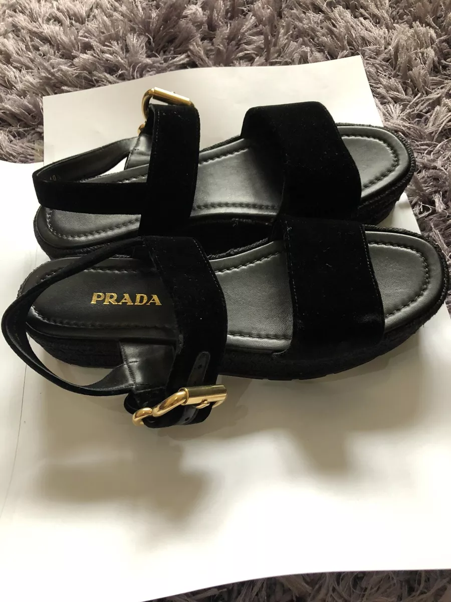 PRADA BLACK VELVET PLATFORM SANDALS WITH GOLD BUCKLE EU 40.5