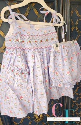 Girls Custom Hand Smocked & Embroidered Floral Bloomer Set Size 12M