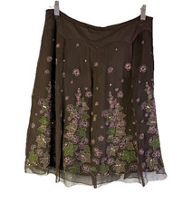 Vintage Y2K Fairy Womens 4 Silk Floral Embellished Overlay Skirt Chiffon Brown