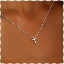 Dainty Women's Cross Pendant Necklace in 14K White Gold Plated Design