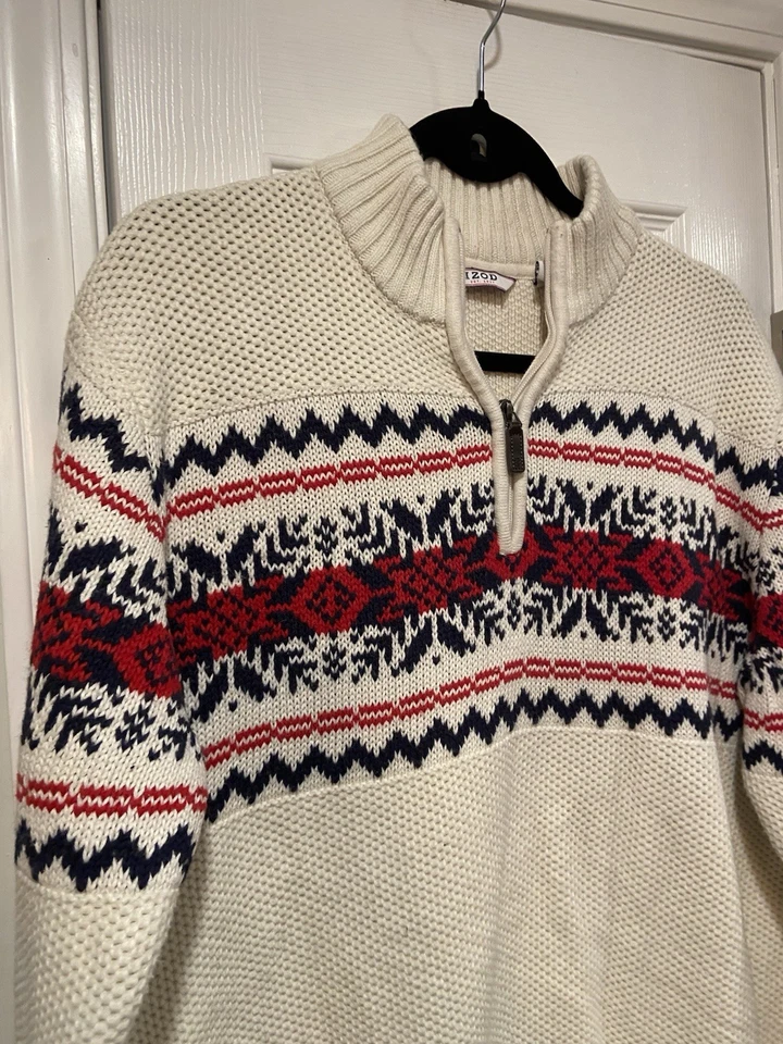Izod Mens Size L Cotton Quarter Zip Fair Isle Nordic Knit Cream Sweater Leather - Image 3 of 4