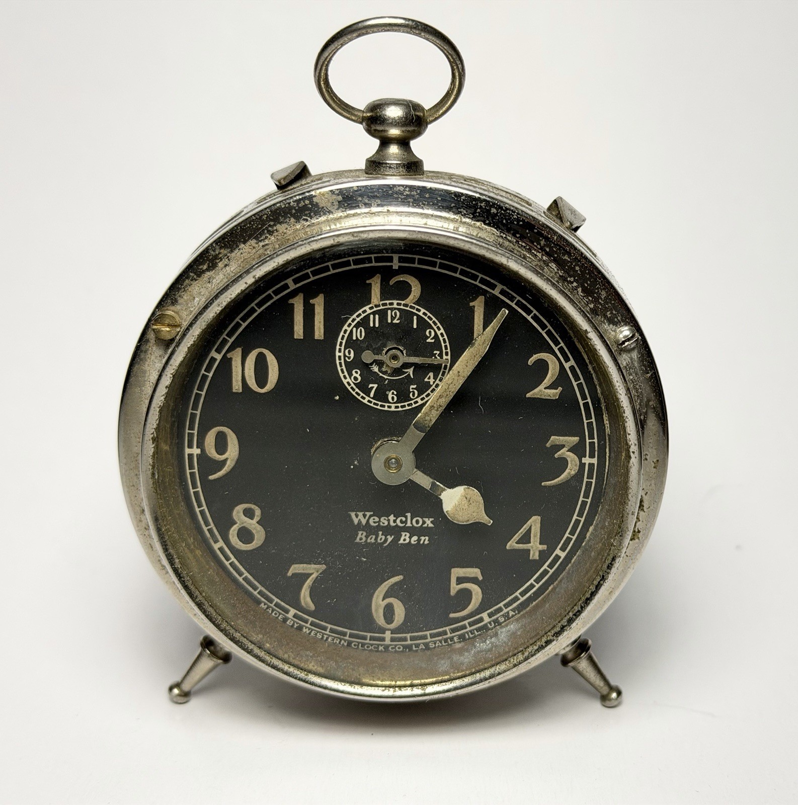 Antique Westclox Baby Ben Alarm Clock Peg Leg 1920's Runs & Alarm works READ