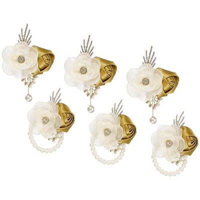 3 Set Corsage Bracelet and Button Pads for Wedding Bride and Bride, Light Gold