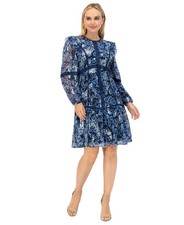 Eliza J Printed Balloon-Sleeve Tiered Mini Dress Women's 2 Blue Back Zip Closure