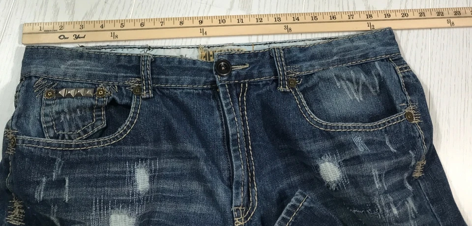 Jeans Franky Max Vintage Hombres 38x32 Azul Bordado Punto Grueso Bigotes Y2K Foto 3 de 4