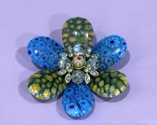 Sweet Romance Millefiori Glass Flower Brooch Blue Green Rhinestone