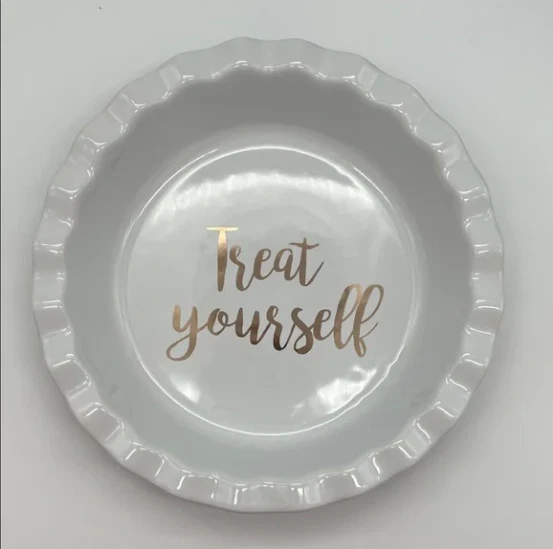 10" Scallop Edge Deep Dish Pie Plate Casserole Baking Stoneware "Treat Yourself”