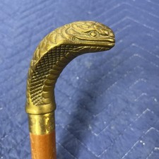 Antique Wood Walking Cane w Brass Snake Cobra Head Handle - 35  PLEASE READ