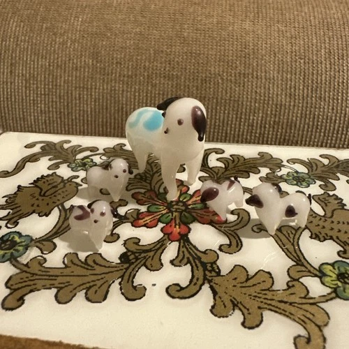 Vintage Milk Glass Puppy Dog Figurines Mini Dad with 4 Puppies
