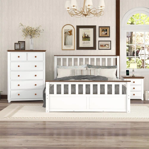 Modern Bedroom Furniture Set Full Queen Size Platform Bed Frame Nightstand Chest - Image 2 of 4