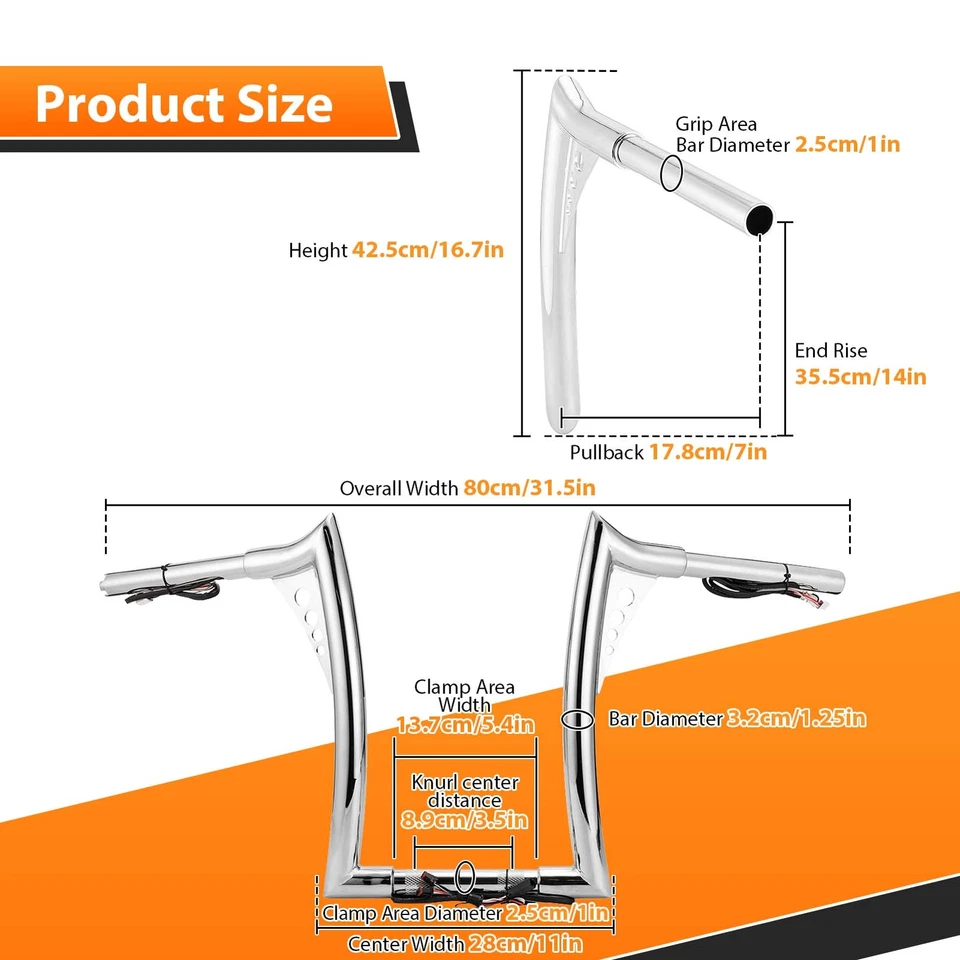 Manillar colgante Meathook Ape precableado de 14" para Harley Sportster Dyna Road King Foto 2 de 4