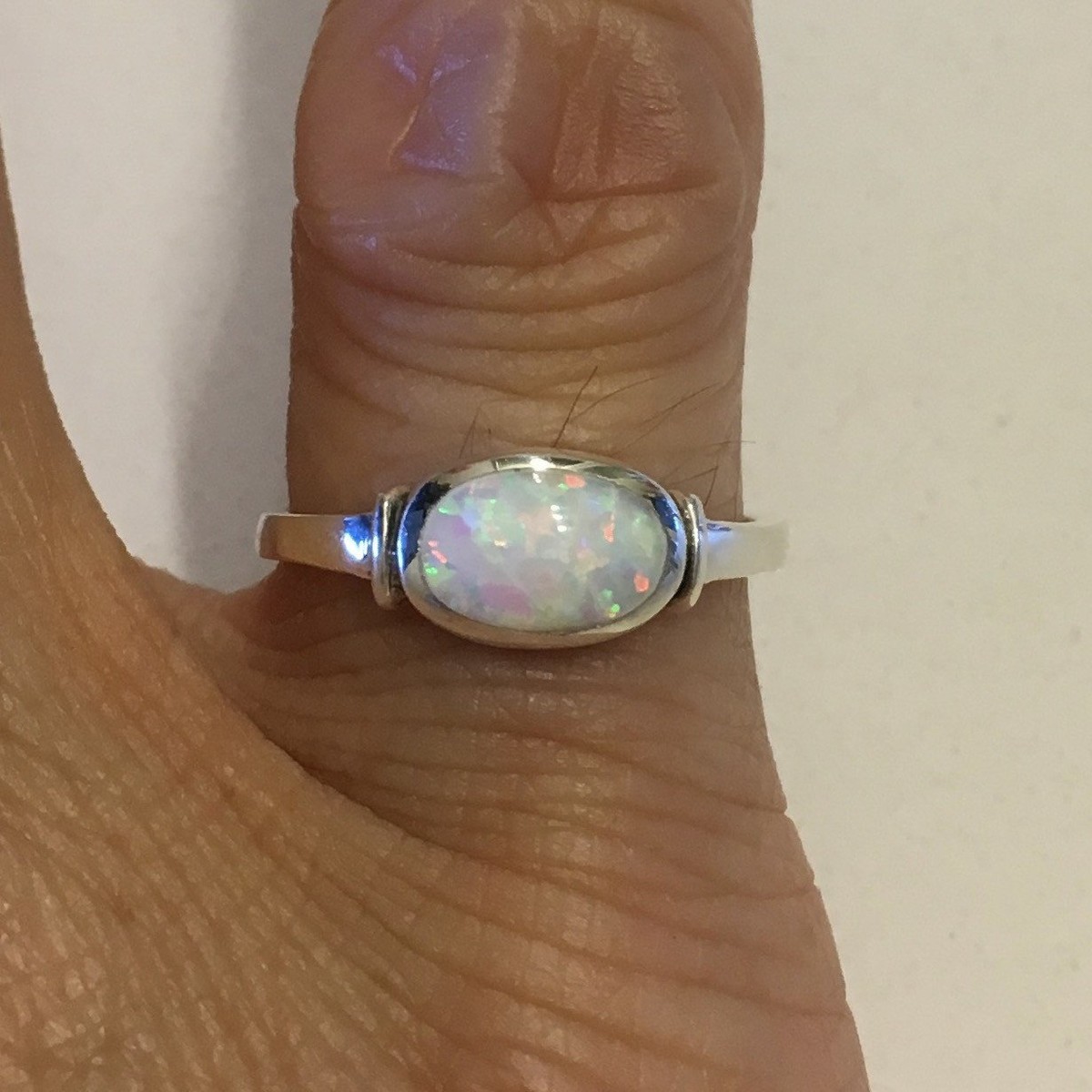 Sterling Silver White Lab Opal Ring, October Birthstone Rings