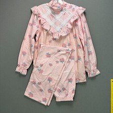Vtg Sears Pajama Set Ruffle Cotton Flannel Pink Floral Cottage Core Size 32 S/M