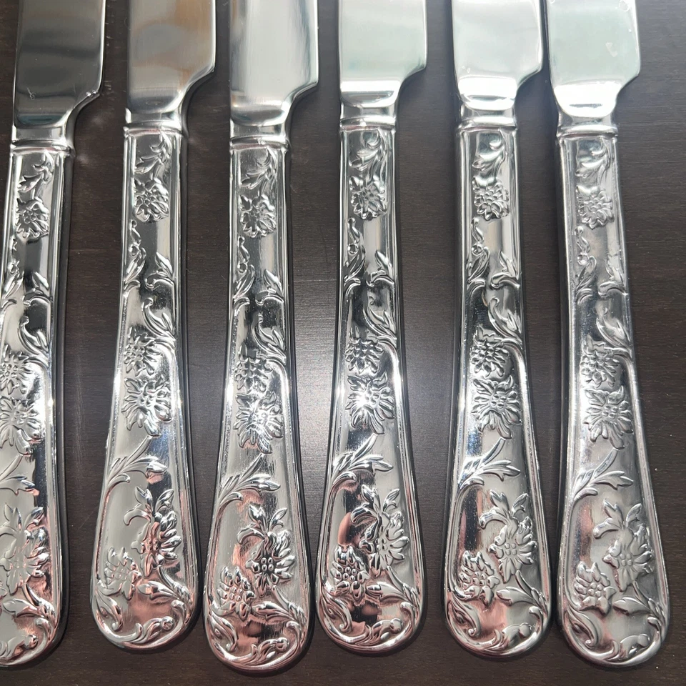 6 Steak Knives QUEEN'S GARDEN Reed & Barton Glossy Stainless Steel Flatware - Image 2 of 3