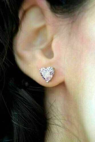 4Ct Heart Cut Created Pink Diamond Solitaire Stud Earrings 14K White Gold Plated - Image 4 of 4