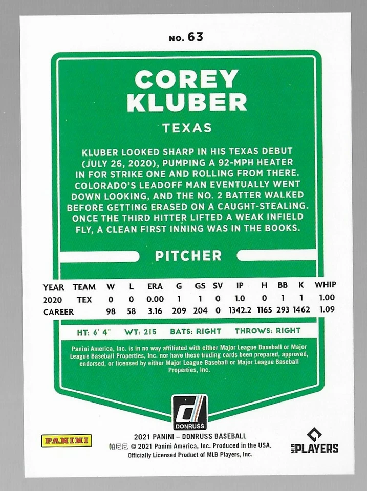 Corey Kluber 2021 Panini Donruss Statue of Liberty Parallel #63 Texas Rangers - Image 2 of 2