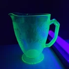 Hazel Atlas Uranium Glow Glass Florentine Poppy Green Footed Water Pitcher 6.5"T