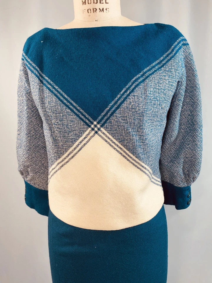 Vintage Skirt Suit Set SIZE XS teal wool PETTI GLEN 50s 60s wiggle pencil - Image 2 of 4