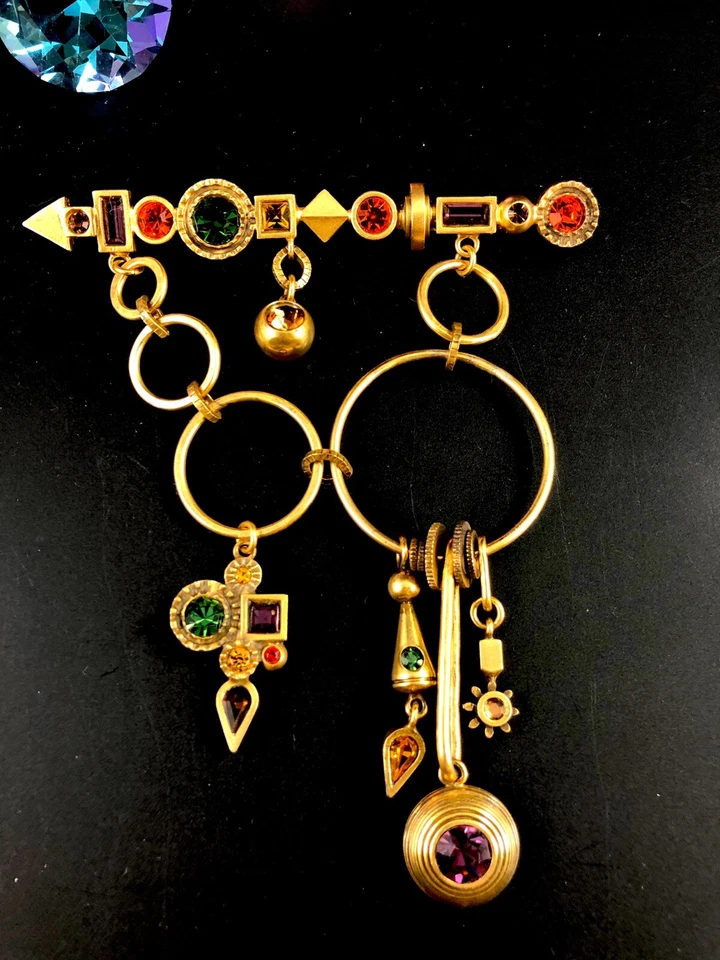 RARE LARGE PATRICIA LOCKE BRASS-TONE RHINESTONE GEOMETRIC MODERN DANGLE BROOCH 