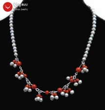 5mm Round Natural Gray Pearl Pendant Necklace for Women Pink Coral 17'' Chokers