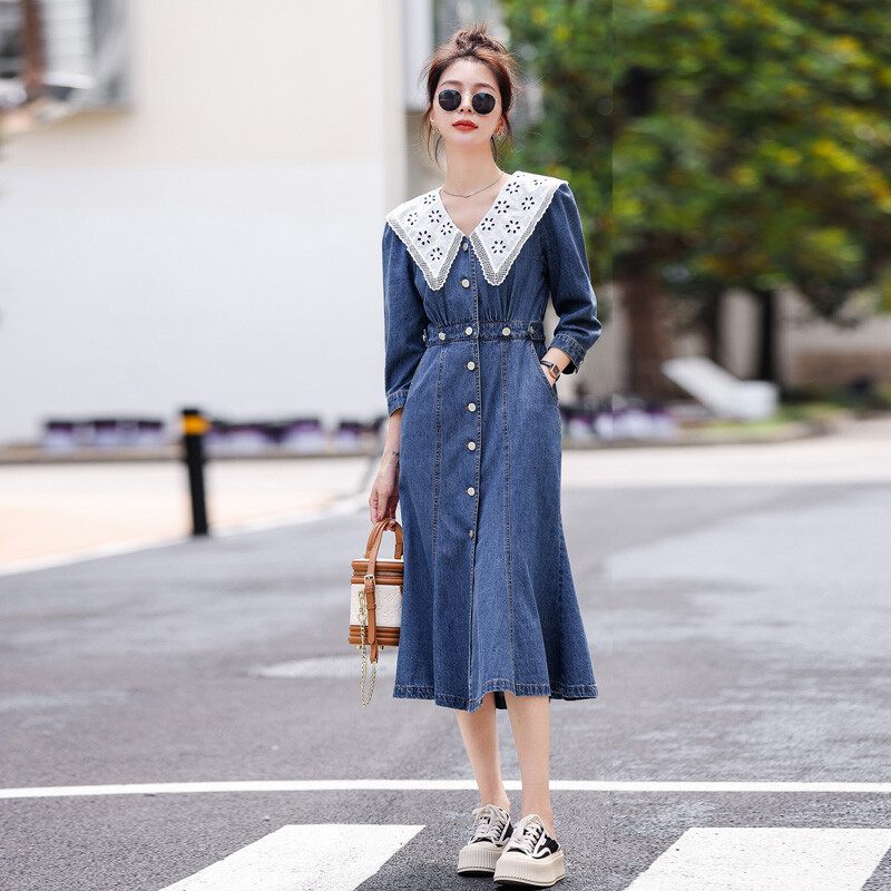 Doll Collar 3/4 Sleeve Denim Dress Korean Button Fishtail Slim
