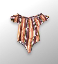 Striped Ruffled Off Shoulder Bodysuit Small Boho Festival Summer