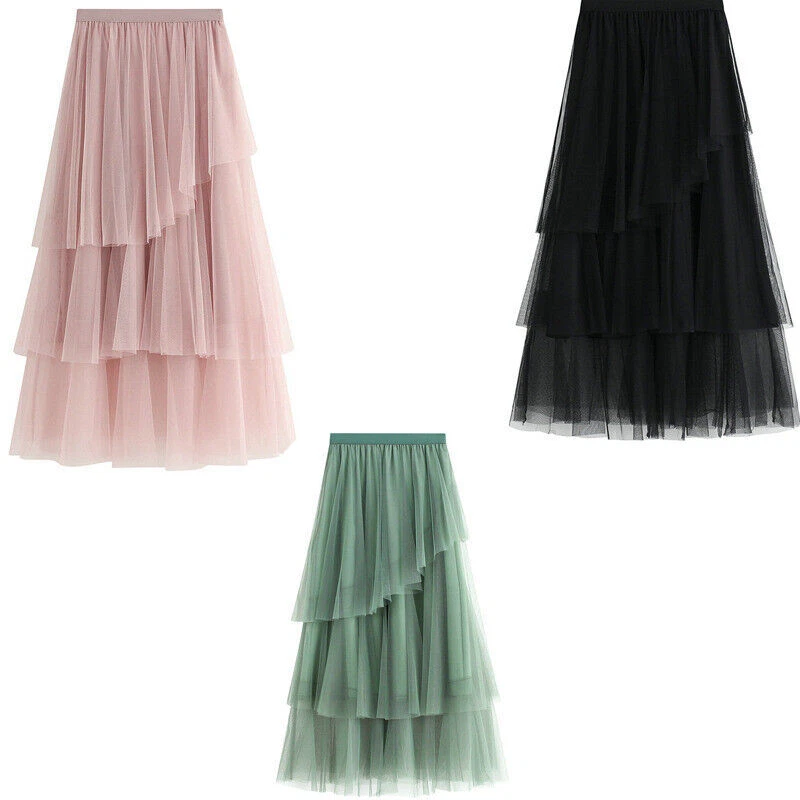 Ladies High Waist Ruffle Mesh Tutu Maxi Skirt Sheer Net Tulle