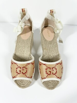 GUCCI GG RAFFIA ESPADRILLES WEDGE SANDALS WOMENS