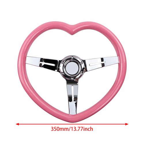 6 Holes 350mm Heart Shaped Pink ABS Hard Wood Steering Wheel Chrome