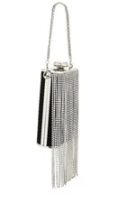 olga berg Luiza Crystal Fringed Box Clutch Black Satin Silver Chain NWT $110
